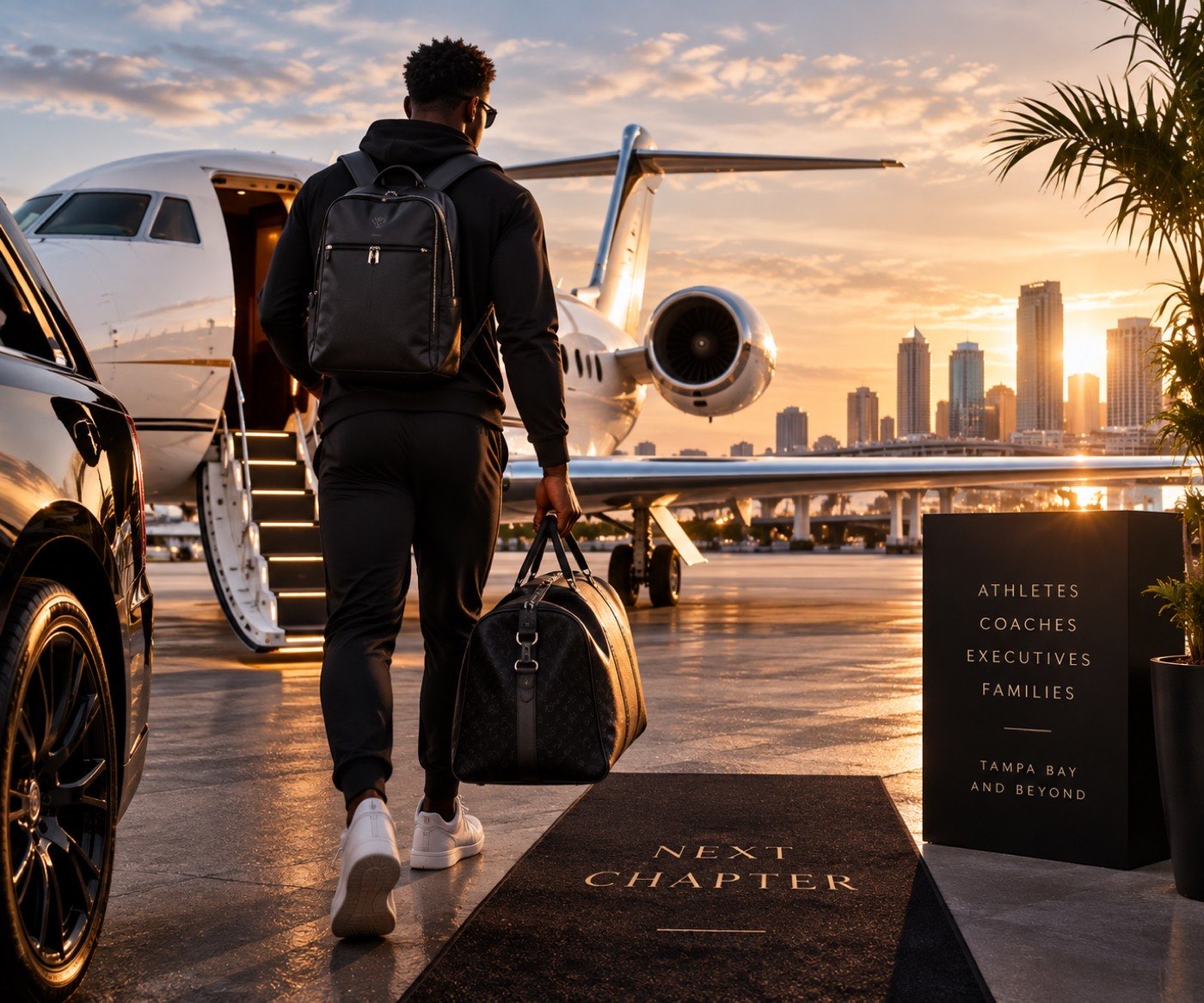 Traveler stepping off a private jet at sunset with the Tampa skyline in the distance